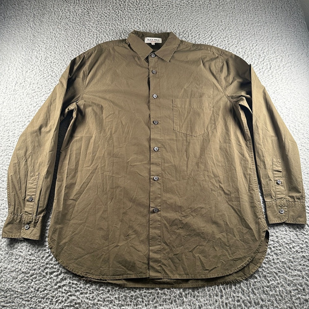 Alex Mill Shirt Mens L Olive Wash & Go 100% Cotton Button Up Long Sleeve Pocket